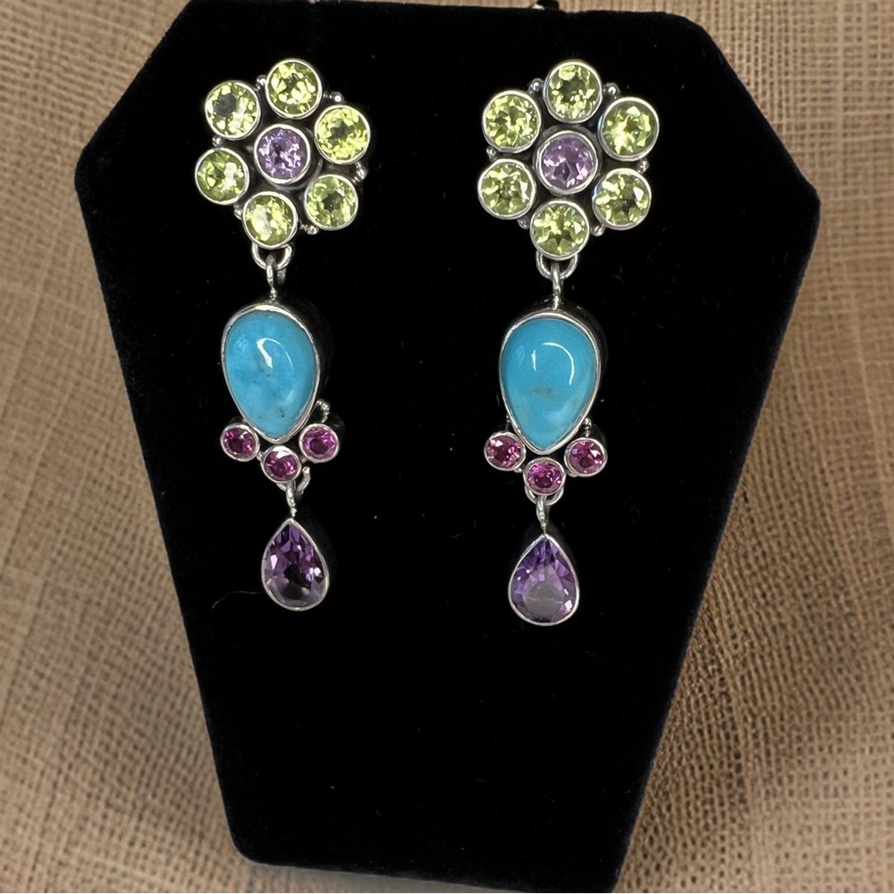 🌟NICKY BUTLER 925 Sterling Silver Flower Drop Turquoise Peridot Earrings NEW